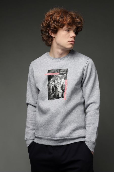 Crew Neck Fleece-Lined Printed Cotton Sweatshirt