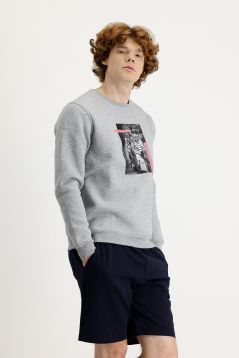 Crew Neck Fleece-Lined Printed Cotton Sweatshirt