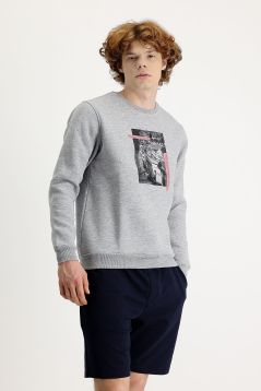 Crew Neck Fleece-Lined Printed Cotton Sweatshirt