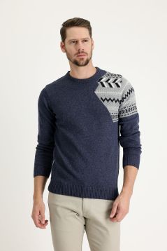 Crew Neck Patterned Wool Slim Fit Jumper