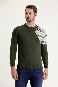 Crew Neck Patterned Wool Slim Fit Jumper