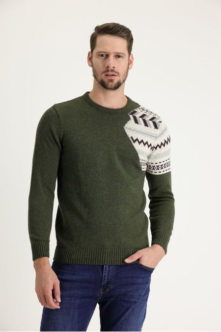 Crew Neck Patterned Wool Slim Fit Jumper