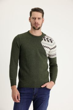 Crew Neck Patterned Wool Slim Fit Jumper