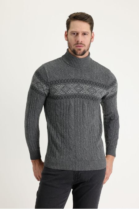 Rollkragen-Slim-Fit-Gemustertes Wollstrickpullover