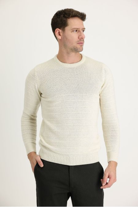 Crew Neck Patterned Wool Slim Fit Jumper