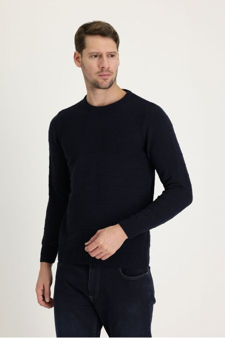 Crew Neck Patterned Wool Slim Fit Jumper