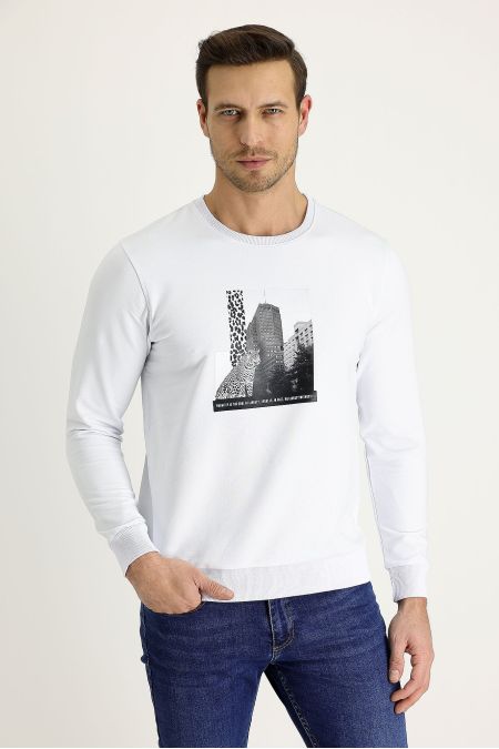 Rundhals-Bedrucktes Baumwoll-Sweatshirt