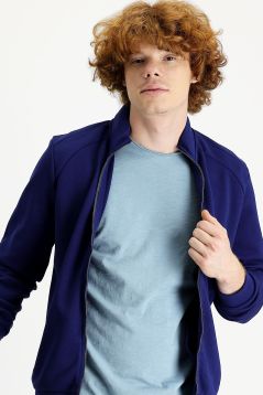 Stand Up Collar Zippered Slim Fit Sweatshirt