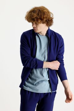 Stand Up Collar Zippered Slim Fit Sweatshirt