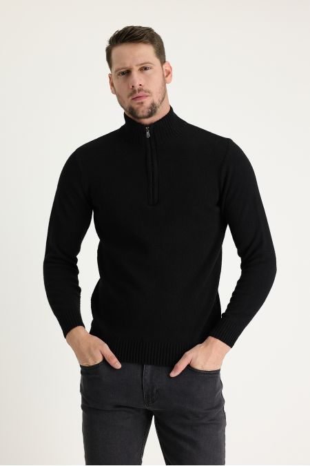 Bateau-Ausschnitt Slim-Fit Wollstrickpullover mit Reißverschluss