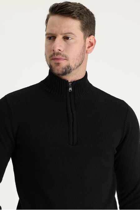 Bateau-Ausschnitt Slim-Fit Wollstrickpullover mit Reißverschluss