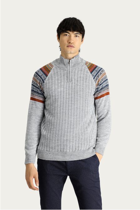 Bateau-Ausschnitt Slim-Fit Gemusterter Strickpullover mit Reißverschluss