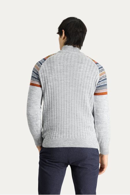 Bateau-Ausschnitt Slim-Fit Gemusterter Strickpullover mit Reißverschluss