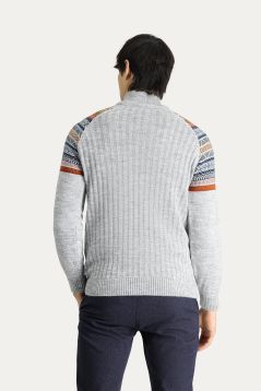 Bateau-Ausschnitt Slim-Fit Gemusterter Strickpullover mit Reißverschluss