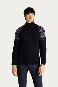 Bateau-Ausschnitt Slim-Fit Gemusterter Strickpullover mit Reißverschluss