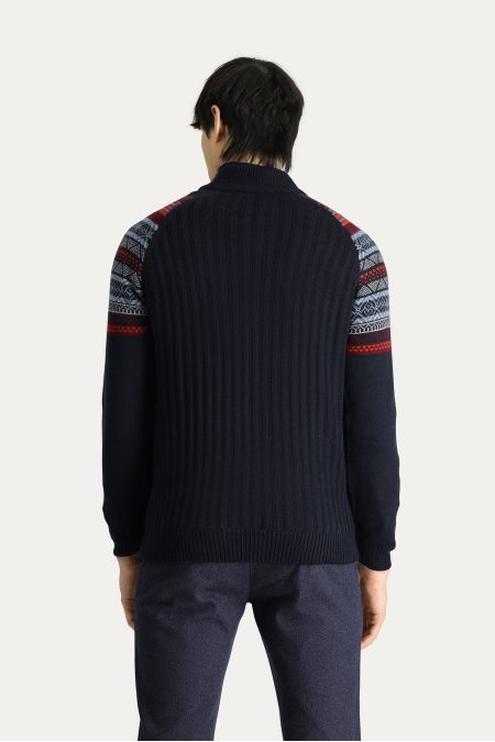 Bateau-Ausschnitt Slim-Fit Gemusterter Strickpullover mit Reißverschluss