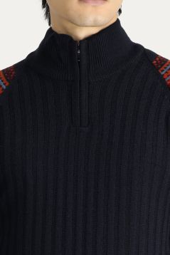 Bateau-Ausschnitt Slim-Fit Gemusterter Strickpullover mit Reißverschluss