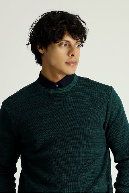 Crew Neck Slim Fit Patterned Cotton Knit Sweater