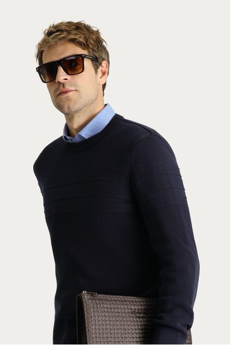 Crew Neck Slim Fit Patterned Cotton Knit Sweater