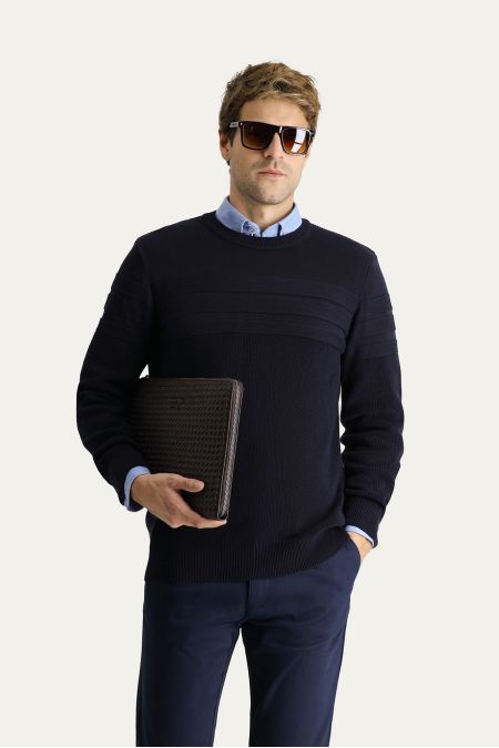 Crew Neck Slim Fit Patterned Cotton Knit Sweater