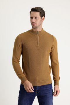 Bateau-Ausschnitt Slim-Fit Gemusterter Baumwollstrickpullover mit Reißverschluss