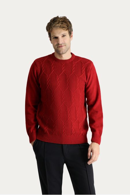 Pullover mit Rundhalsausschnitt, Gemusterte Wolle, Slim Fit