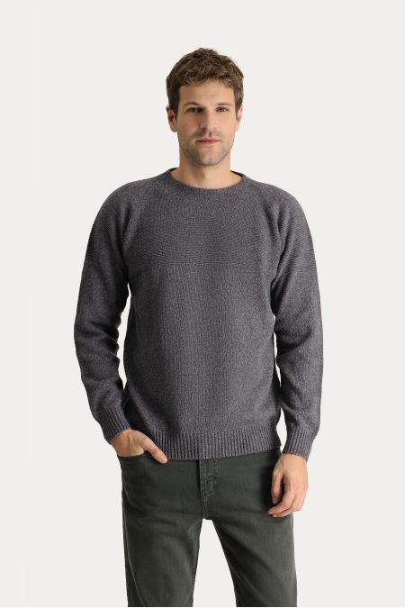 Pullover mit Rundhalsausschnitt, Gemusterte Wolle, Slim Fit