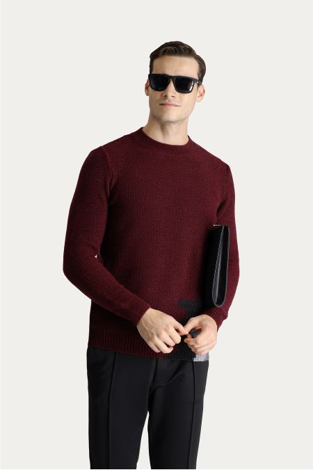 Rundhals-Slim-Fit-Gemusterter Wollstrickpullover