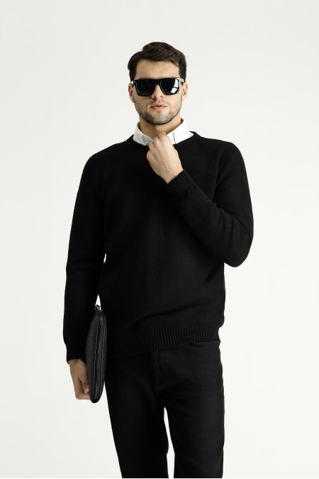 Crew Neck Patterned Wool Slim Fit Jumper