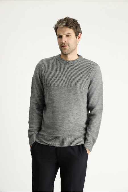 Crew Neck Patterned Wool Slim Fit Jumper