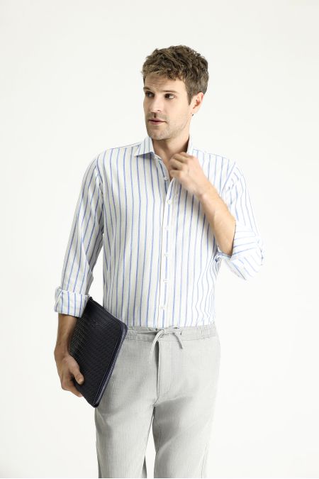 Long Sleeve Slim Fit Striped Sport Linen Shirt