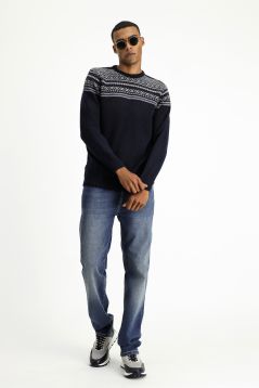 Crew Neck Patterned Wool Slim Fit Jumper