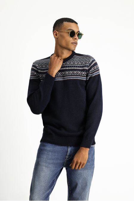 Crew Neck Patterned Wool Slim Fit Jumper