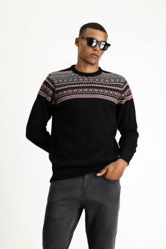 Rundhals-Slim-Fit-Gemusterter Wollstrickpullover