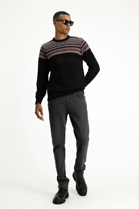 Crew Neck Patterned Wool Slim Fit Jumper