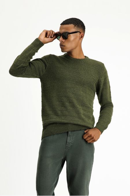 Crew Neck Patterned Wool Slim Fit Jumper