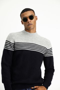 Bateau Neck Regular Fit Seamless Patterned Knit Sweater