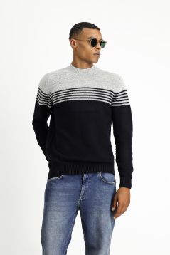 Bateau Neck Regular Fit Seamless Patterned Knit Sweater