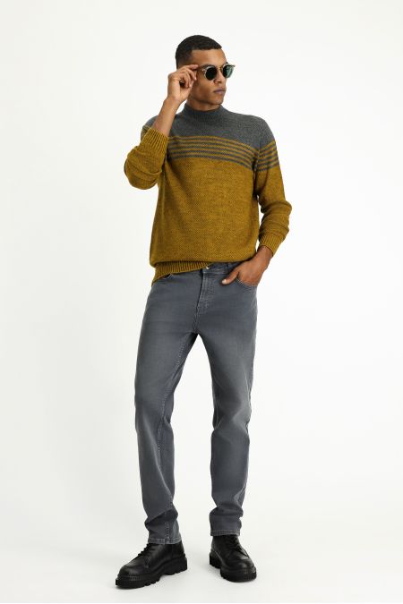 Bato-Kragen nahtlos gemusterter Strickpullover/Pullover, Slim Fit