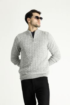 Bateau Neck Regular Fit Patterned Knit Sweater with Zipper