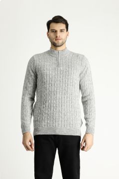 Bateau Neck Regular Fit Patterned Knit Sweater with Zipper