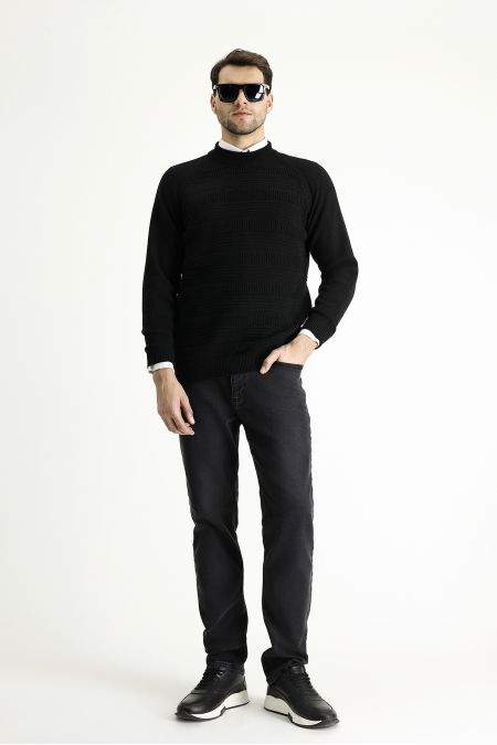 Bateau Neck Slim Fit Patterned Wool Knit Sweater