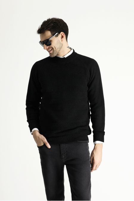 Bateau-Ausschnitt Slim-Fit Gemusterter Wollstrickpullover