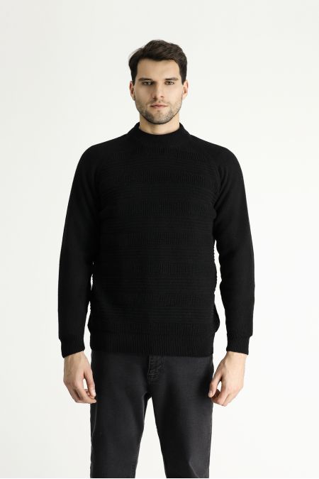 Bateau Neck Slim Fit Patterned Wool Knit Sweater