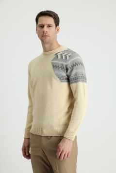 Crew Neck Patterned Wool Slim Fit Jumper