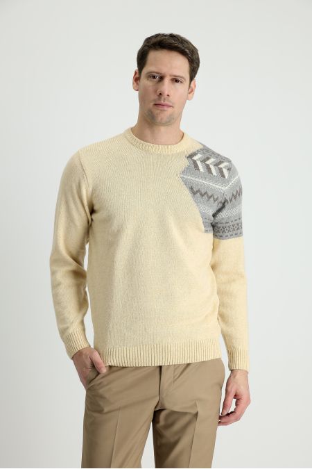 Crew Neck Patterned Wool Slim Fit Jumper