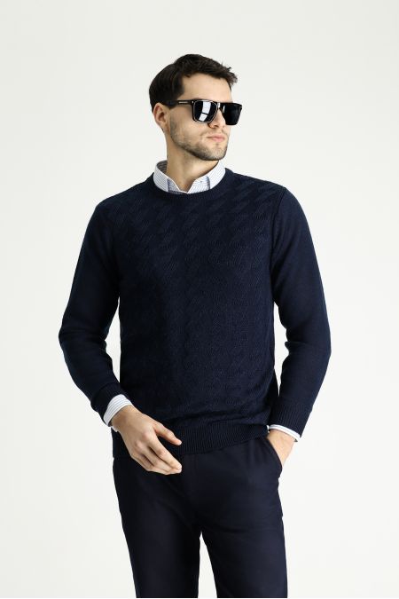 Crew Neck Patterned Wool Slim Fit Jumper