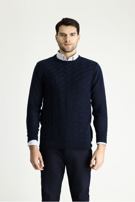 Crew Neck Patterned Wool Slim Fit Jumper