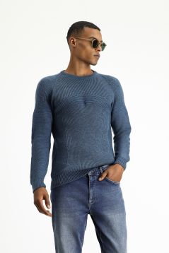 Crew Neck Regular Fit Seamless Patterned Knit Sweater