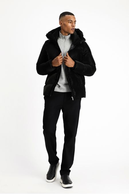 Hooded Puffer Jacket with Leather Look